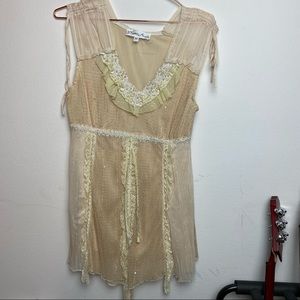 Pretty Angel Sheer Shoulder Romantic Lace Mesh and Pearl Mini Dress Medium